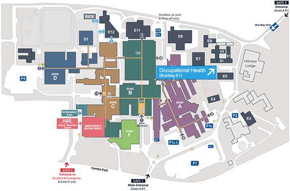 Map showing Occupational Health location on the hospital site