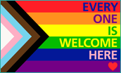 LGBTQ+ Progress Flag containing the words everyone is welcome here