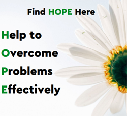 Graphic containing text - Find HOPE here.  Help to overcome problems effectively