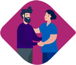 A graphic of a therapist supporting a smiling male patient