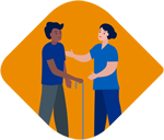 A graphic of a man with a walking stick being supported by a therapist