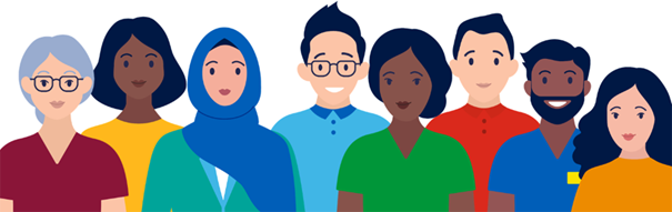 Illustration of staff members from various different ethnic, gender and religious backgrounds