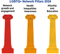 LGBT network pillars - network growth and engagement, health inequalities awareness, allyship and education