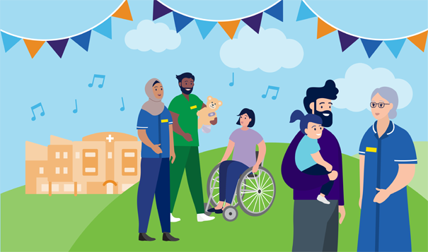 Illustration of people meeting chatting with hospital staff with music playing in the background, bunting, a blue sky, and the hospital in the background