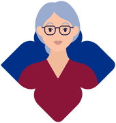 Illustration of a healthcare support worker with grey hair and glasses